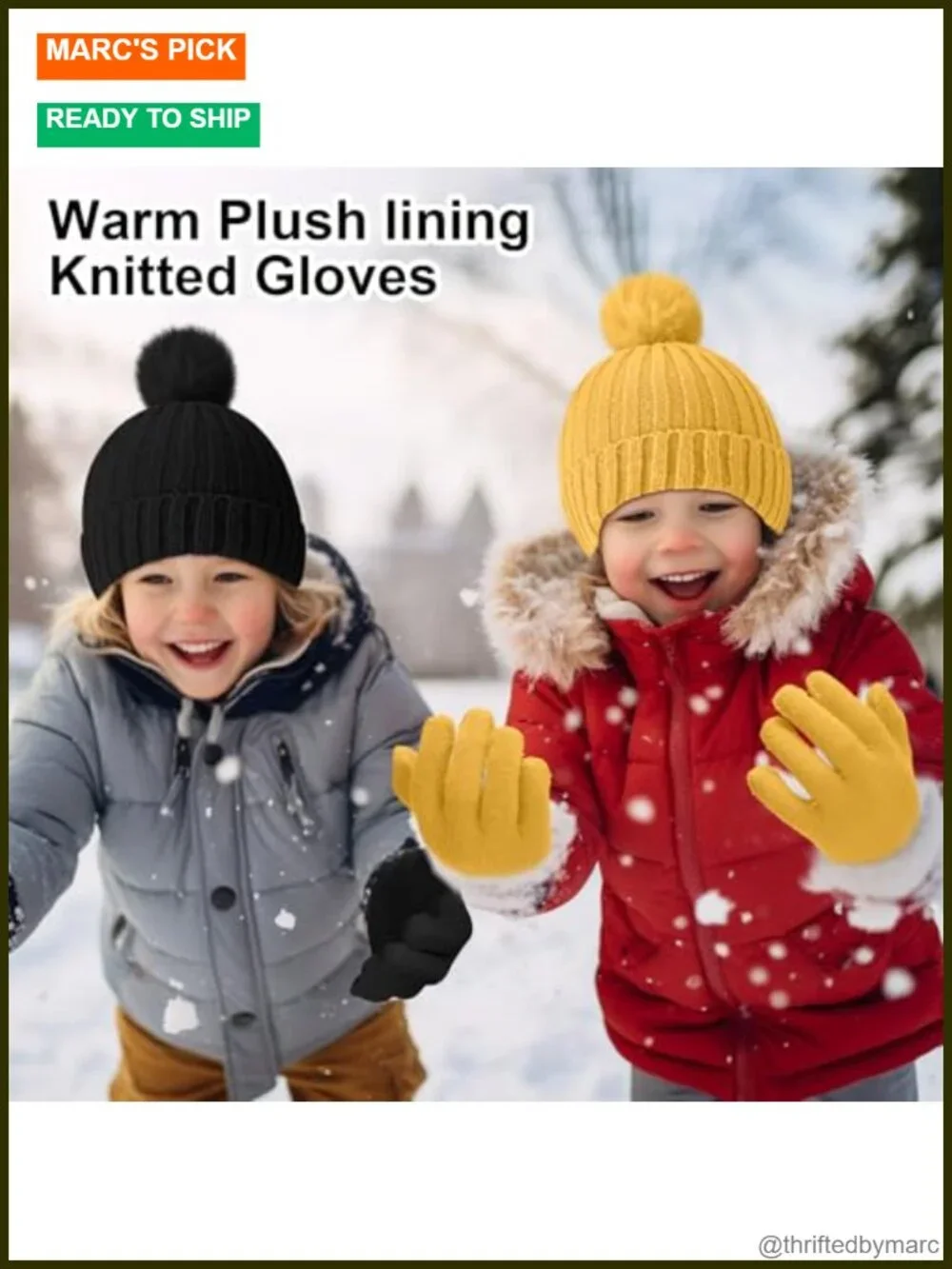 Kids Winter Hat and Gloves Set Knit Beanie with Pompom Full Fingers Unisex Ski